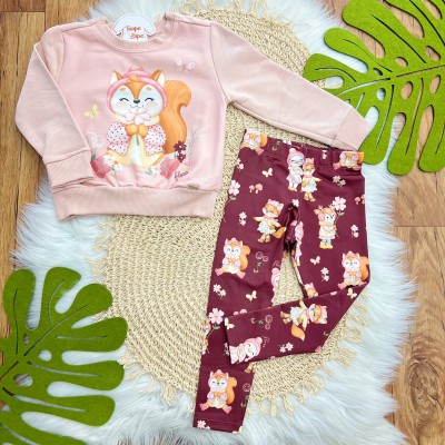 Conj. Casaco Raposinha no Jardim e Calça Legging - Rose e Bordô
